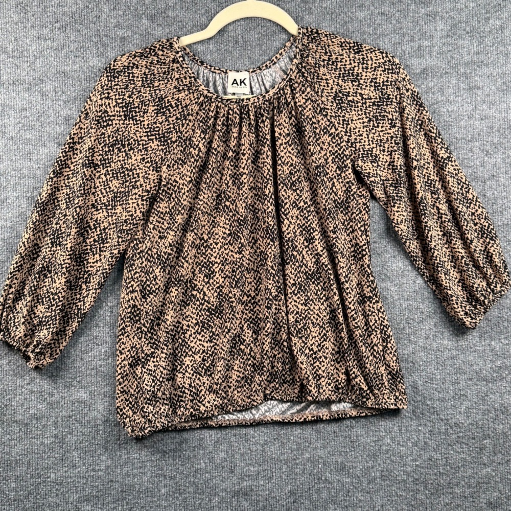 Anne‎ Klein XSP Blouse Tan Black Animal Print 3/4 Sleeve Mob Wife Office Siren